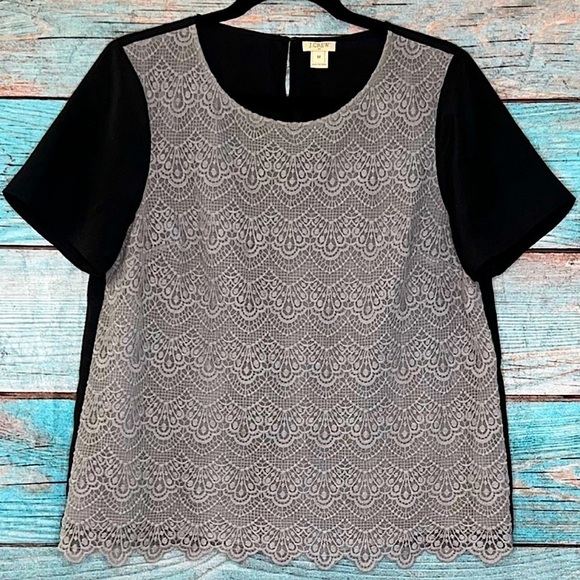 J. Crew Blouse M Eyelet Lace Dressy Tee Black Grey Scalloped Boho Career Neutral - Picture 1 of 8